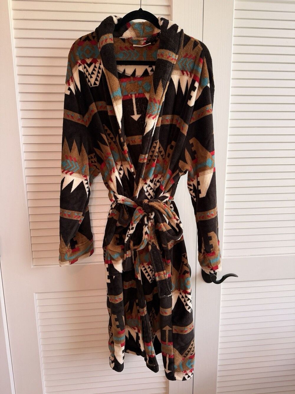 Weatherproof Vtg Southwest Aztec Plush Fleece Robe OSFA Brn Belted Cozy Western